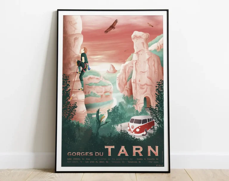 Affiche Gorges du Tarn sur un papier de haute qualité. Tourisme en Lozère, escalade, nature et van life