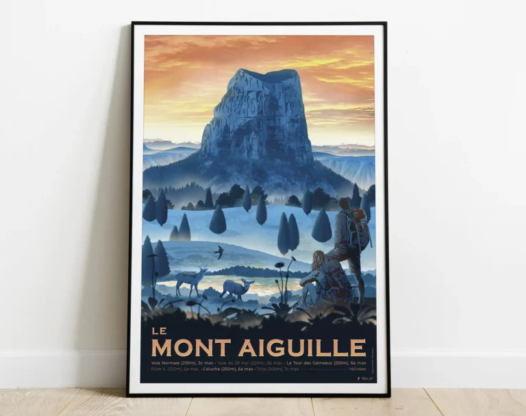Affiche du Mont Aiguille, dans le Massif du Vercors. Dessin de randonnée de Mister AF