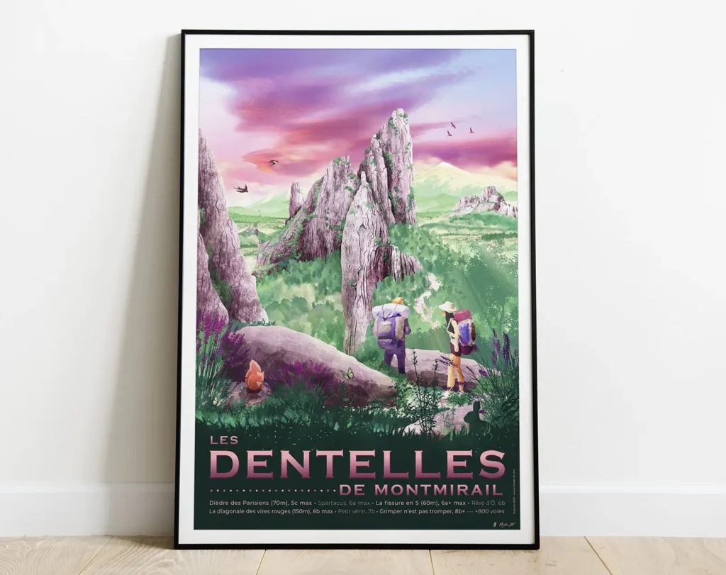 Belle affiche Les Dentelles de Montmirail, dans le Vaucluse avec vue sur le Mont Ventoux