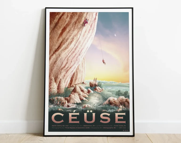 Affiche de Céüse, la falaise des légendes. Dessin d'escalade de Mister AF