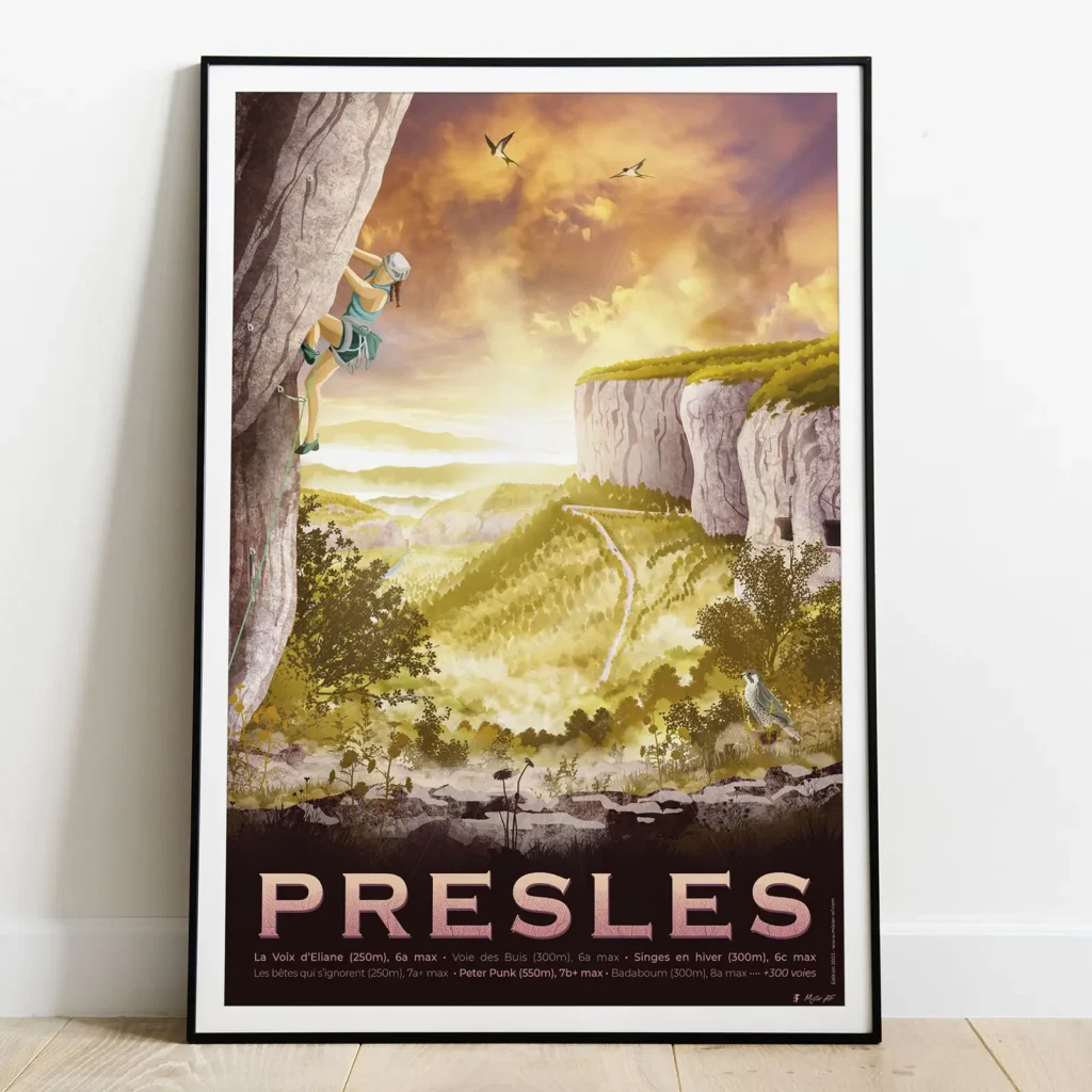 Affiche de Presles, les falaises du Vercors. Dessin d'escalade de Mister AF