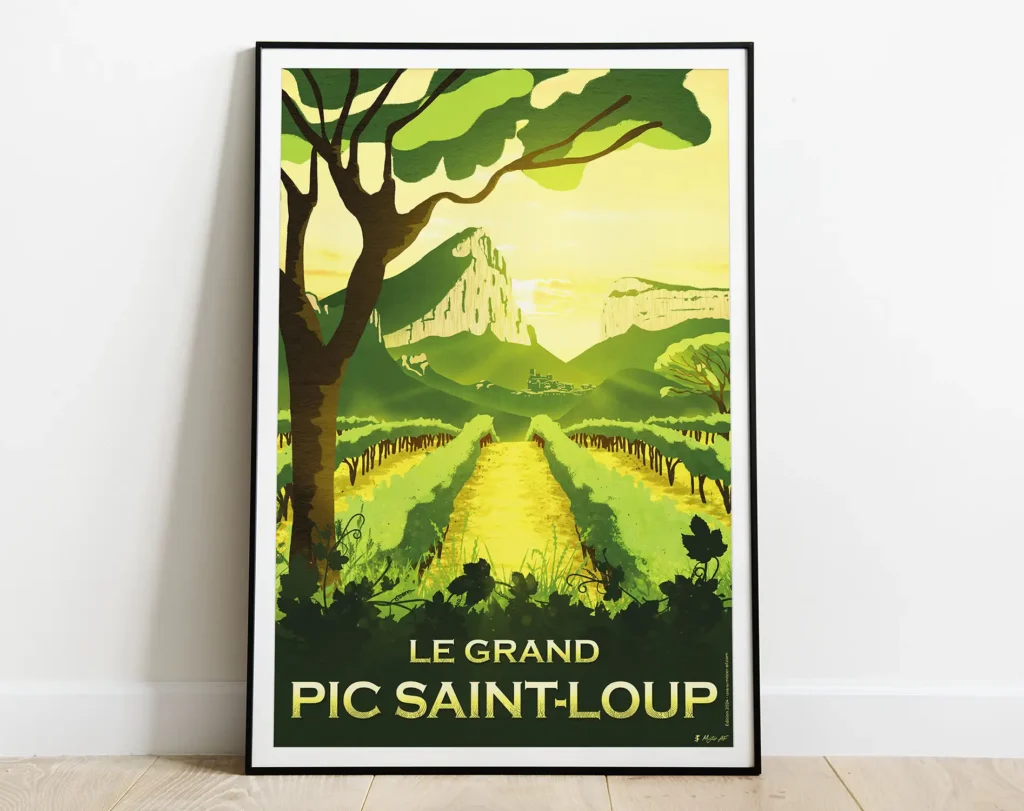 Affiche Grand Pic Saint Loup, domaine viticole français. Vin de grand cru. Dessin de l'artiste Mister AF