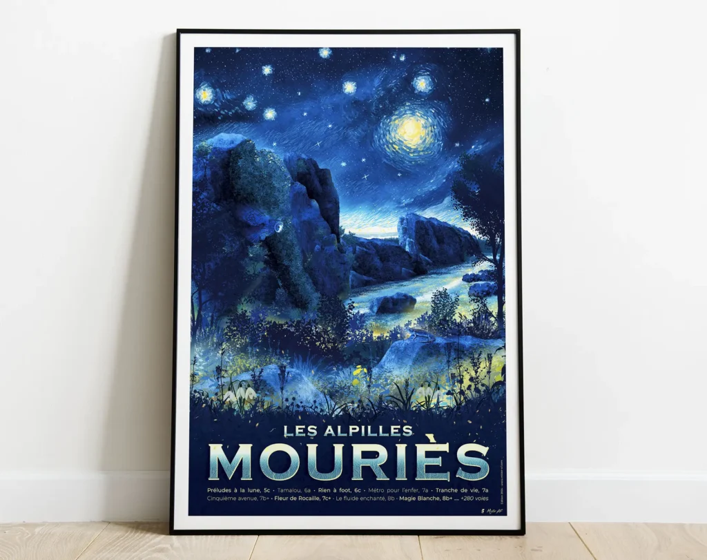Affiche de Mouriès dans les Alpilles, inspirée par la peinture de Van Gogh "La nuit étoilée"