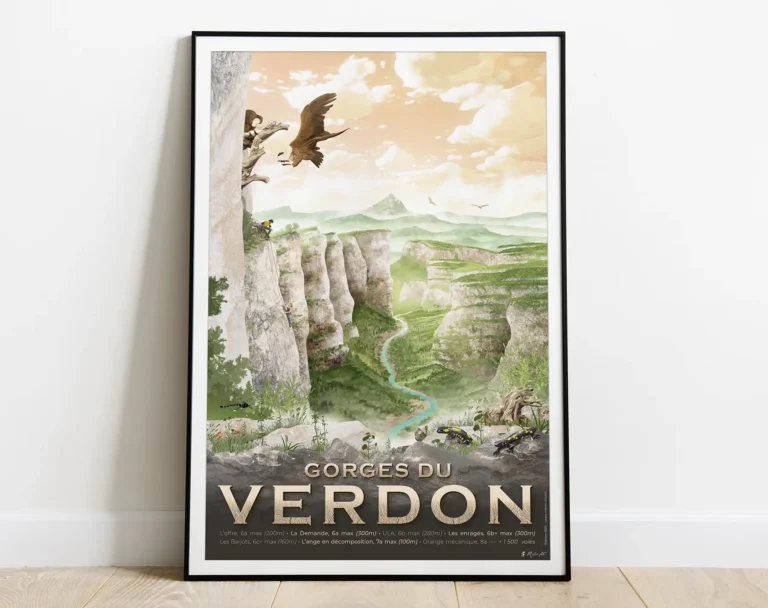 Affiche Gorges du Verdon, dessin d'art par Mister AF. Escalade et topo