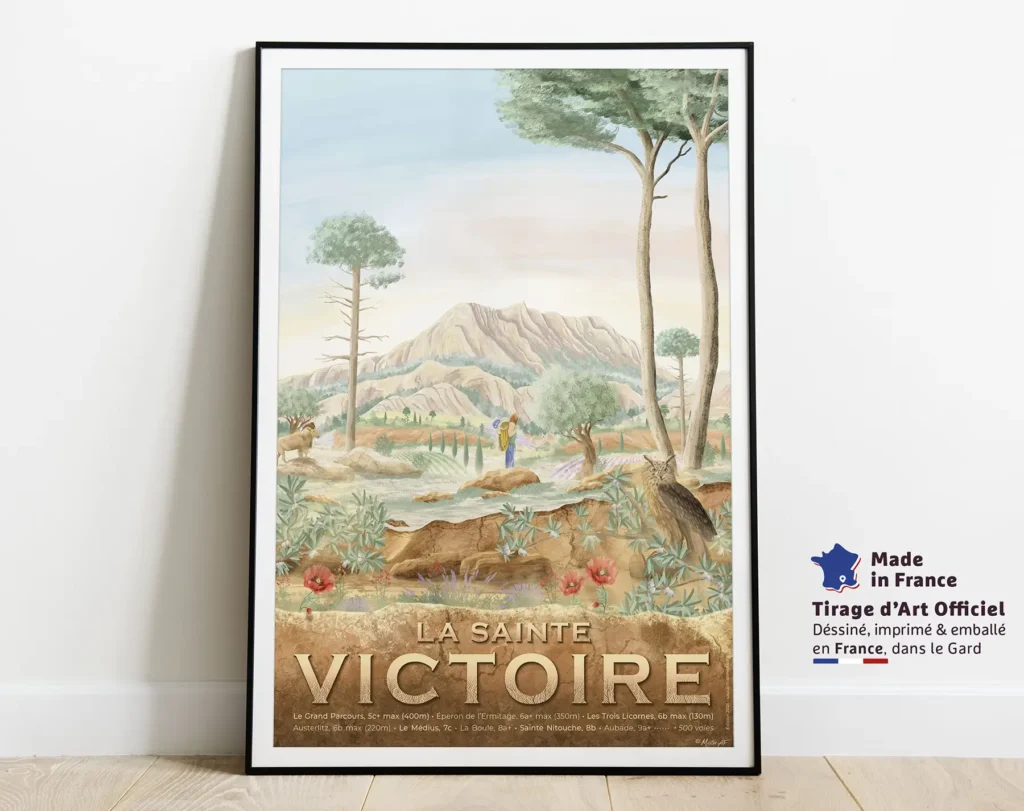 Affiche de la Sainte Victoire. Un dessin fait par l'artister Mister AF. Belle affiche pour la décoration vintage d'un gîte, d'une auberge ou d'une maison moderne. Made in France
