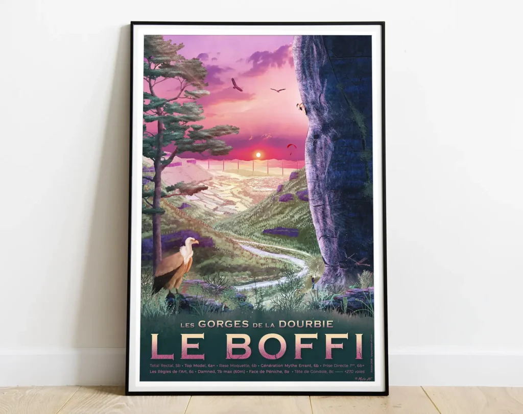 Affiche de la falaise Le Boffi fait par l'artiste Mister AF. Belle affiche représentant une vue sur la ville de Millau et les gorges de la Dourbie